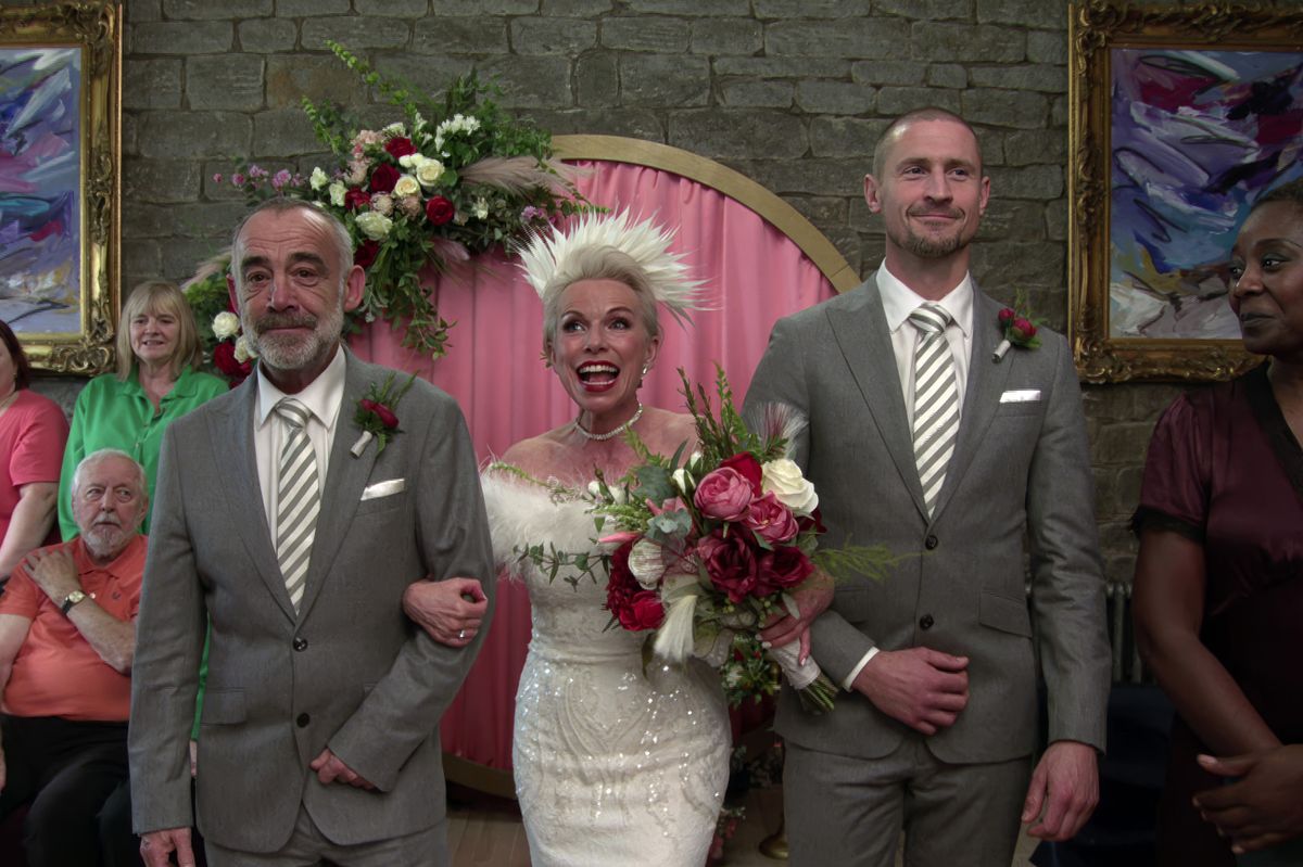 Debbie Webster with brothers Kevin and Carl on her wedding day in Coronation Street