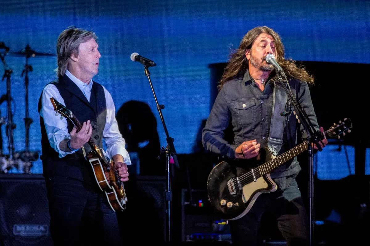 Paul McCartney, left, and Dave Grohl performing at the Glastonbury Festival in Worthy Farm, June 25, 2022
