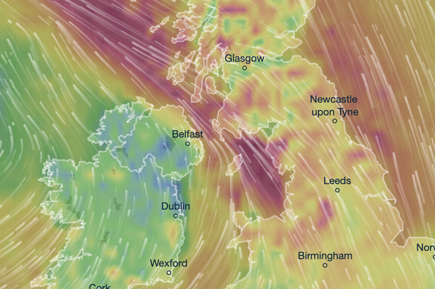 The red and orange hues show high winds for Friday