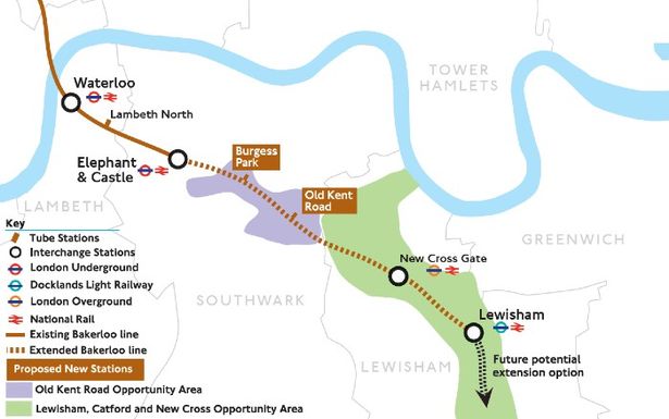 Map of the Bakerloo line extension extending the line from Waterloo to Lewisham