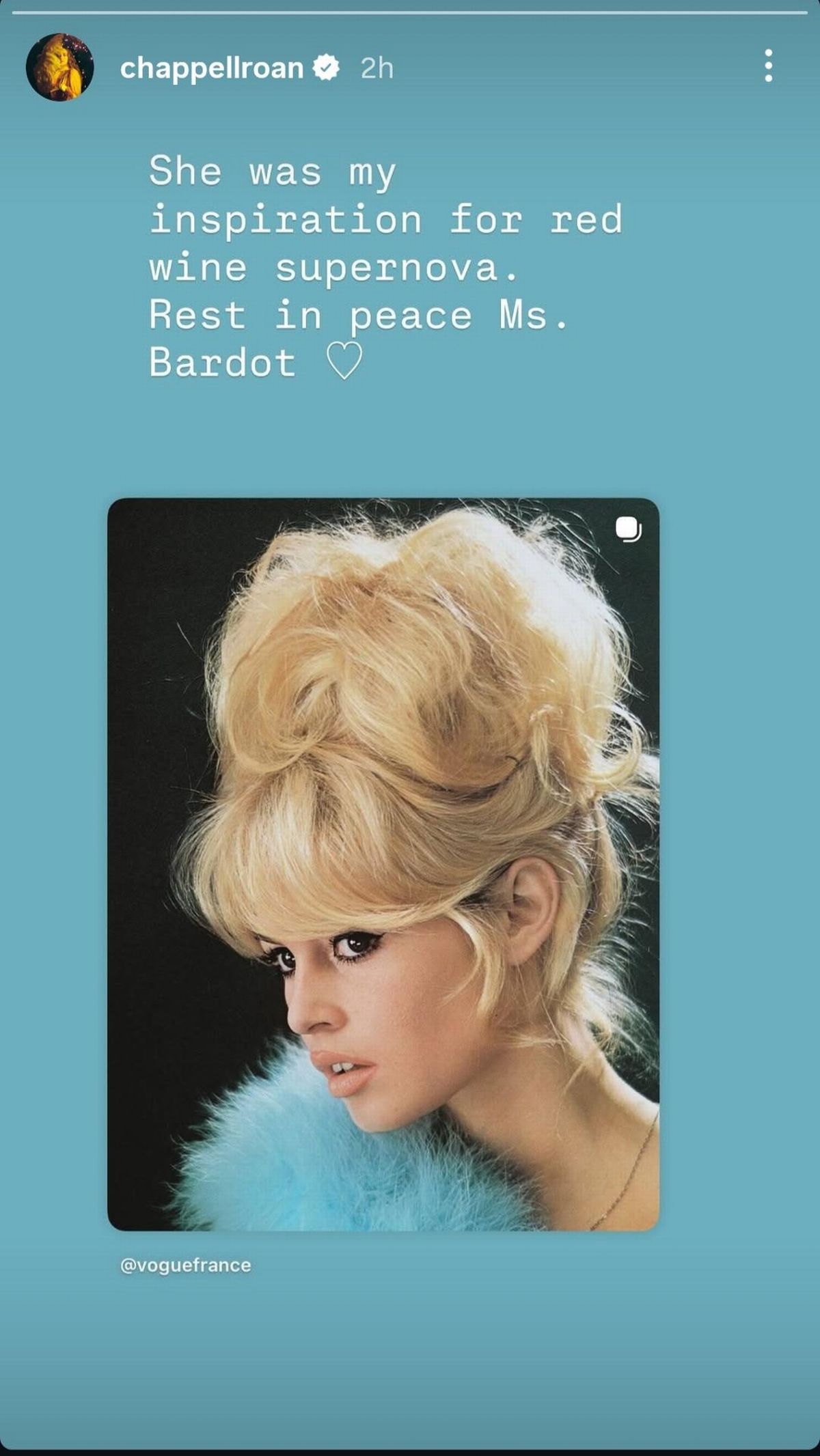 A screenshot of an Instagram tribute Chappell Roan made about Brigitte Bardot