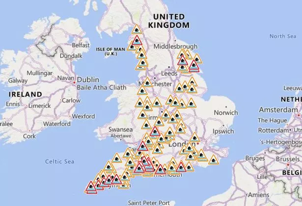 England's flood warnings, in red, and alerts, in orange, are mapped