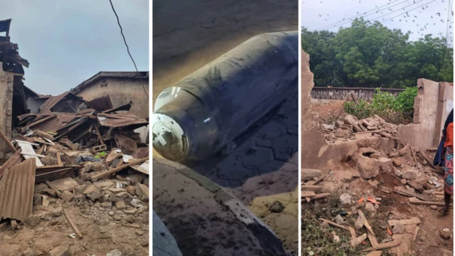 A collage of damaged buildings and a missile