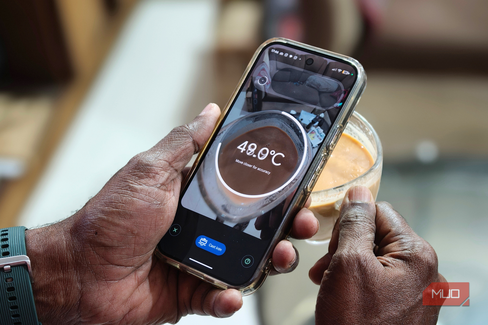 Checking the temperature of hot cup of tea on Google Pixel 10 Pro