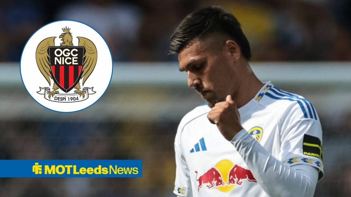 Joel Piroe looking annoyed playing for Leeds United looking towards a circle inset of the OGC Nice badge