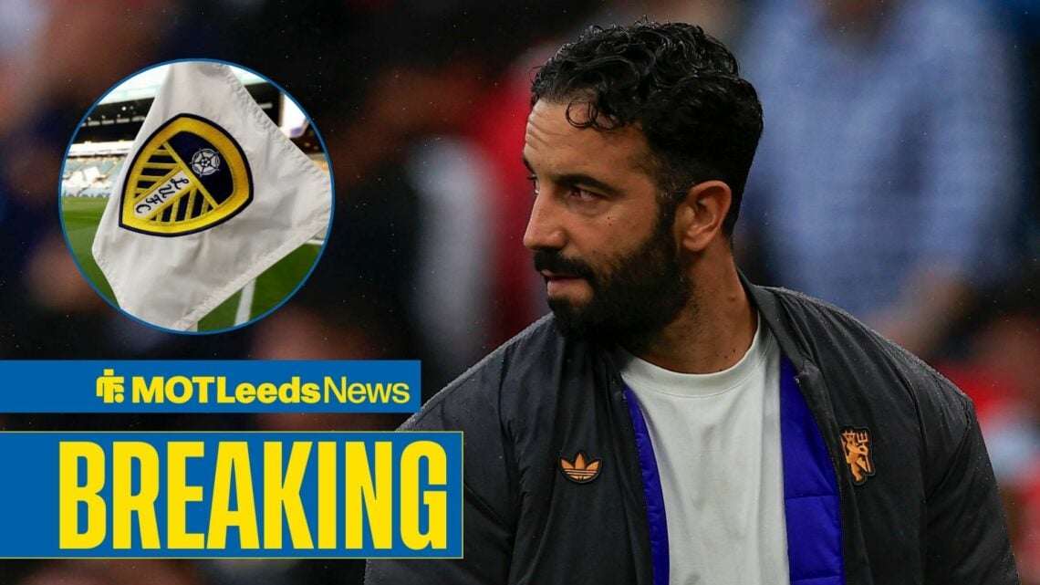 Ruben Amorim looks towards a circular frame inset of a Leeds United corner flag