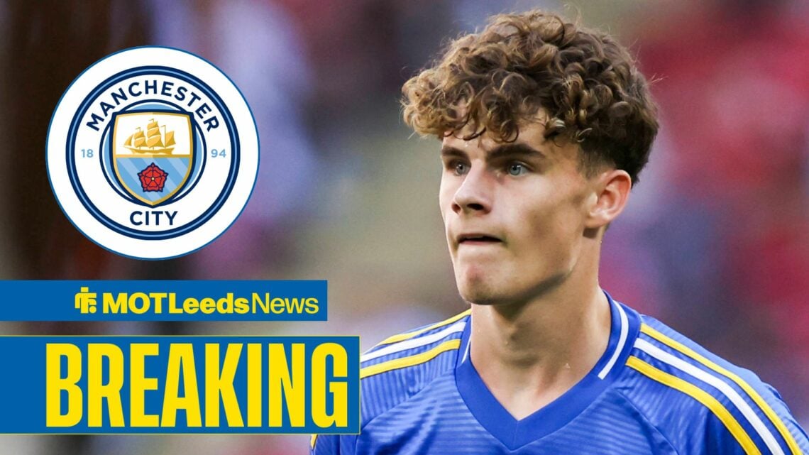 Harry Gray playing for Leeds United looking towards a circle inset of the Manchester City badge