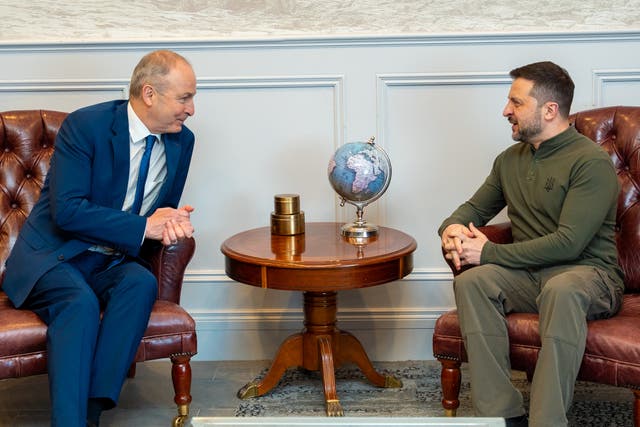 Micheal Martin talking to Volodymyr Zelensky at Shannon Airport 