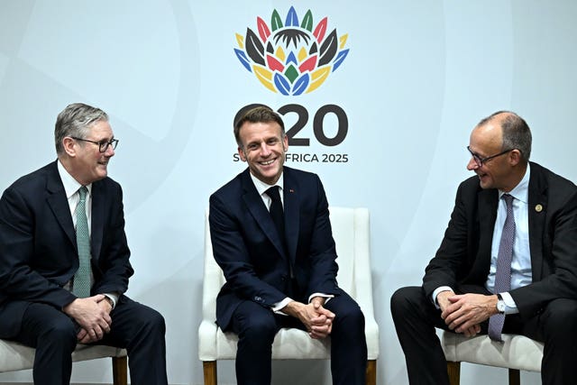(left to right) Prime Minister Sir Keir Starmer, France’s President Emmanuel Macron and German Chancellor Friedrich Merz during a trilateral meeting at the G20 summit in Johannesburg, South Africa