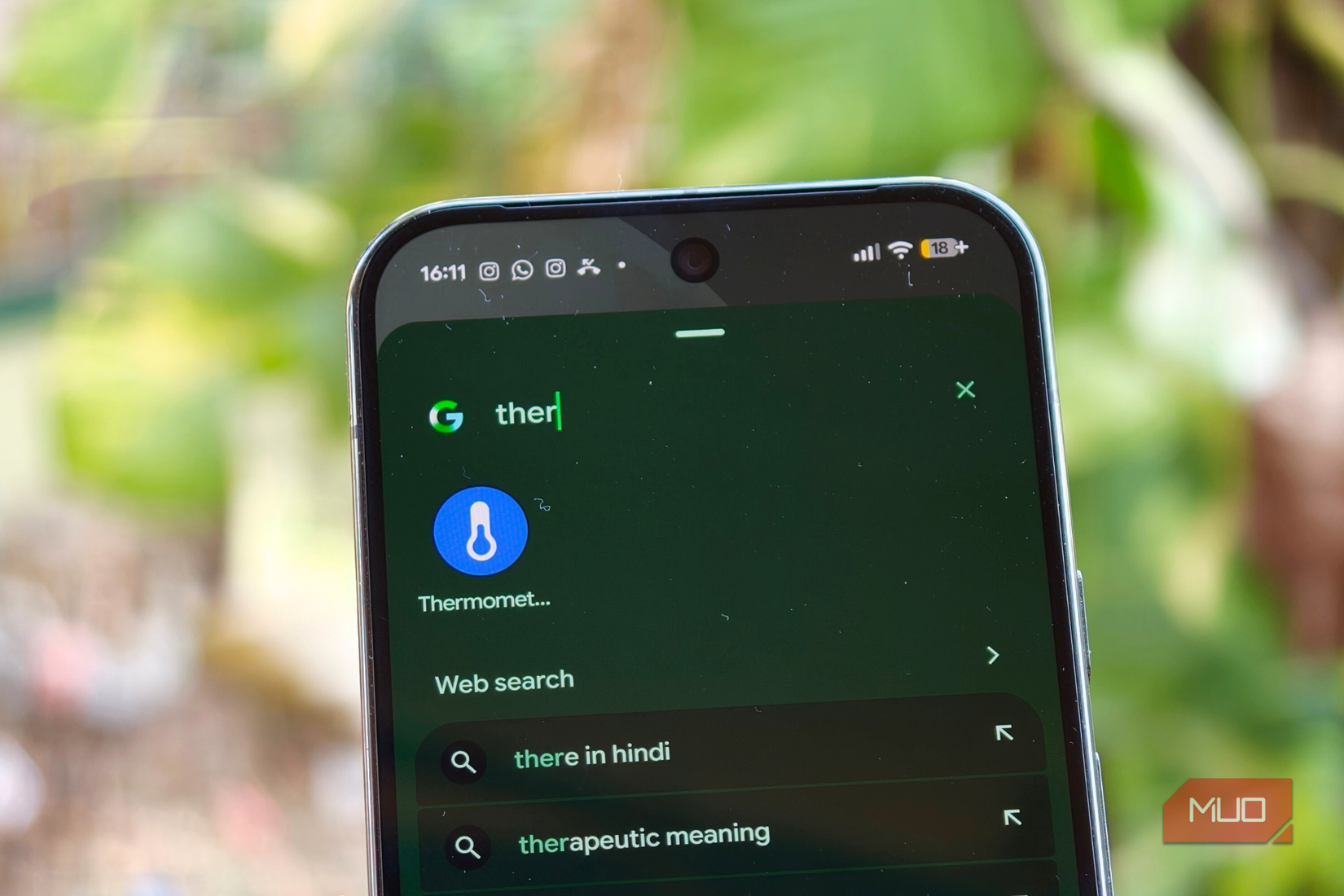 Searching for the thermometer app on the Google Pixel 10 Pro