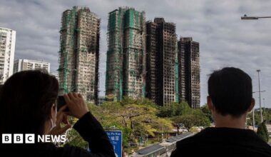 The back of two people's heads as they look at four charred high-rise blocks in the distance, with trees and roads between them and the towers