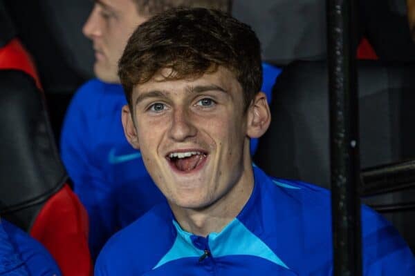 SHEFFIELD, ENGLAND - Tuesday, September 27, 2022: England's substitute Tyler Morton (R) on the bench before the International friendly between England Under-21’s and Germany Under-21’s at Bramall Lane. (Photo by David Rawcliffe/Propaganda)