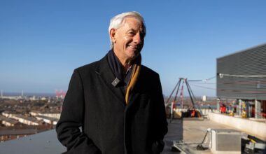 LIVERPOOL, ENGLAND - Thursday, February 9, 2023: Former Liverpool player Ian Rush is interviewed on the roof of Anfield's Main Stand at the launch of the Anfield Abseil Experience. (Pic by David Rawcliffe/Propaganda)