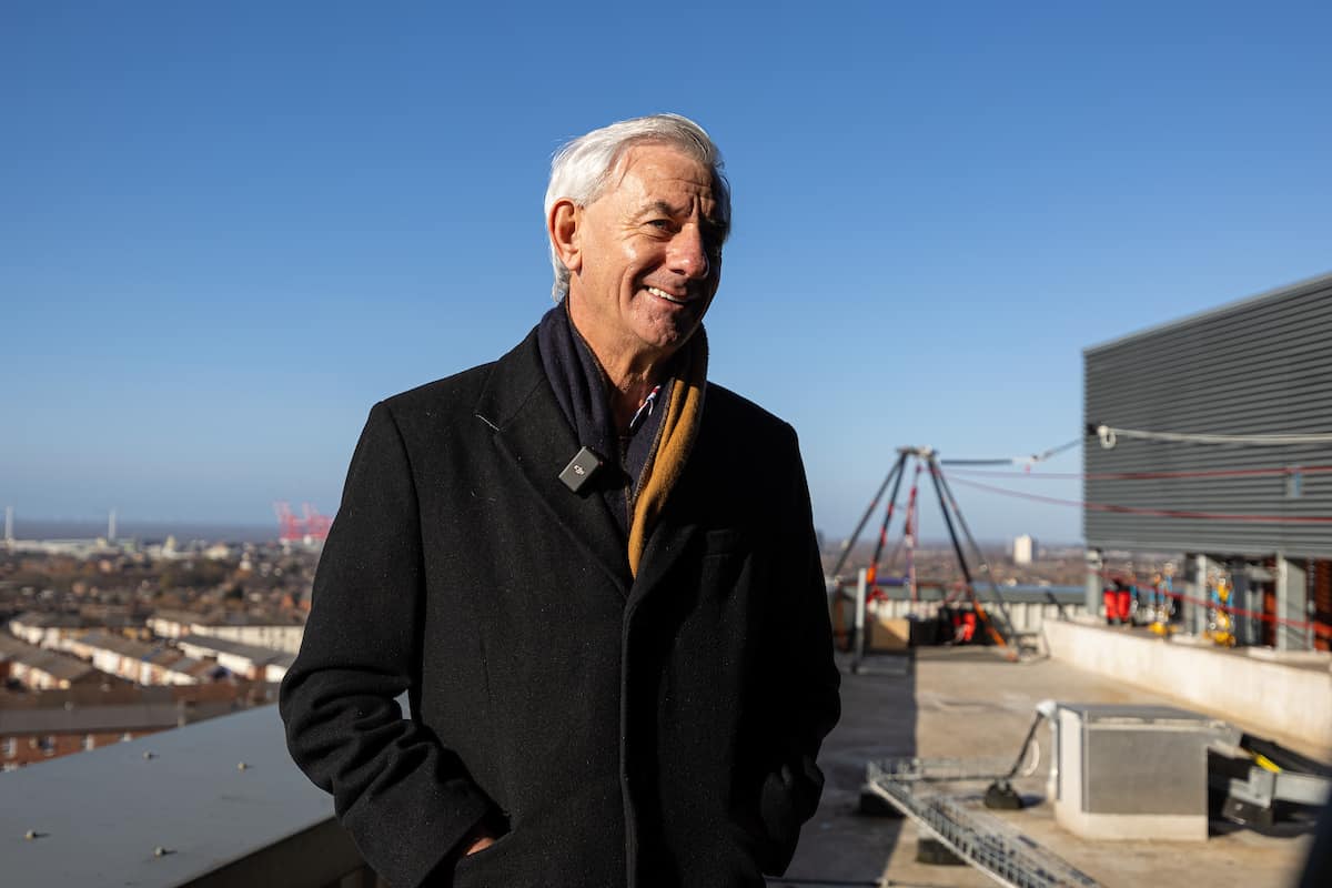 LIVERPOOL, ENGLAND - Thursday, February 9, 2023: Former Liverpool player Ian Rush is interviewed on the roof of Anfield's Main Stand at the launch of the Anfield Abseil Experience. (Pic by David Rawcliffe/Propaganda)