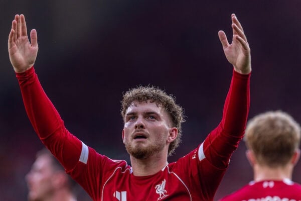 LIVERPOOL, ENGLAND - Monday, August 4, 2025: Liverpool's Harvey Elliott celebrates after scoring his side's fourth goal during a pre-season friendly match between Liverpool FC and Athletic Bilbao at Anfield. Liverpool won 4-1. (Photo by David Rawcliffe/Propaganda)