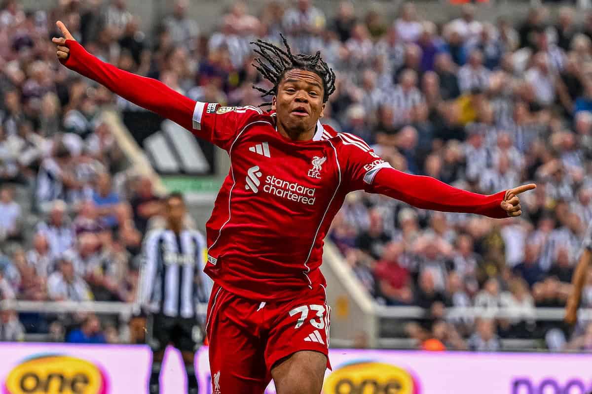 NEWCASTLE-UPON-TYNE, ENGLAND - Monday, August 25, 2025: Liverpool's Rio Ngumoha celebrates after scoring his side's winning third goal, his first competitive goal on Premier League debut becoming Liverpool's youngest ever goal-scorer, during the FA Premier League match between Newcastle United FC and Liverpool FC at St James' Park. Liverpool won 3-2. (Photo by David Rawcliffe/Propaganda)