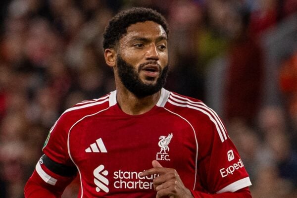 LIVERPOOL, ENGLAND - Tuesday, September 23, 2025: Liverpool's Joe Gomez during the Football League Cup 3rd Round match between Liverpool FC and Southampton FC at Anfield. Liverpool won 2-1. (Photo by David Rawcliffe/Propaganda)