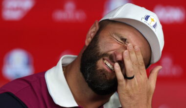 Jon Rahm speaks to reporters before the 2025 Ryder Cup