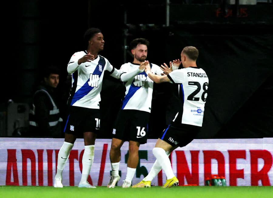 BCFC - Birmingham City's Patrick Roberts celebrates scoring their first goal with Demarai Gray and Jay Stansfield
