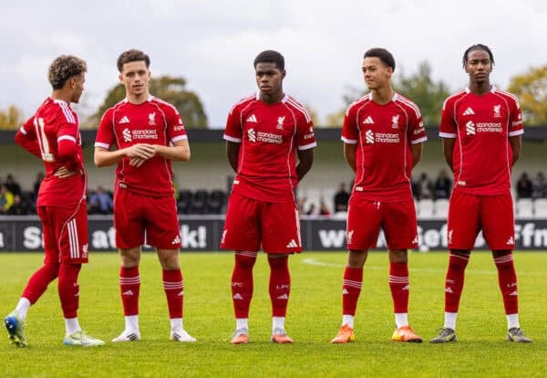 FRANKFURT, GERMANY - Wednesday, October 22, 2025: Liverpool's (L-R) Trent Kone-Doherty, Kieran Morrison, Keyrol Figueroa, Josh Sonni-Lambie, Alvin Ayman line-up before the UEFA Youth League match between Eintracht Frankfurt Under-19's and Liverpool FC Under-19's at Sportpark Dreieich. (Photo by David Rawcliffe/Propaganda)