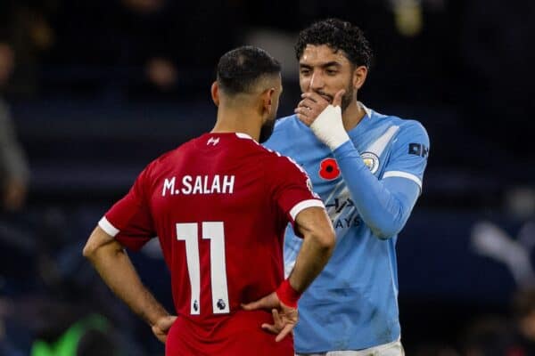 MANCHESTER, ENGLAND - Sunday, November 9, 2025: Liverpool's Mohamed Salah speaks to fellow Egypt team-mate Manchester City's Omar Marmoush during the FA Premier League match between Manchester City FC and Liverpool FC at the City of Manchester Stadium. Man City won 3-0. (Photo by David Rawcliffe/Propaganda)