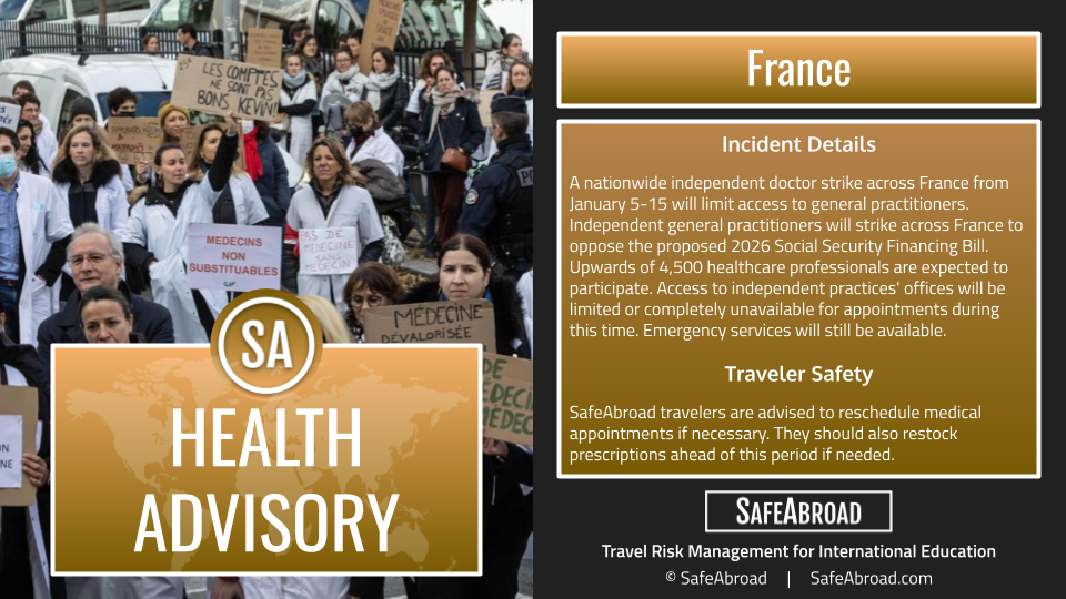 Independent practitioners will participate in a nationwide doctor strike throughout France from January 5-15.