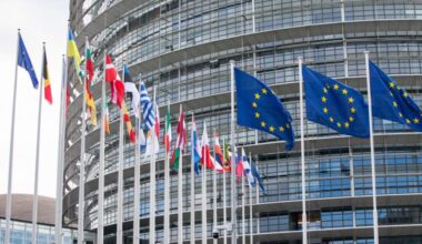 EU Flag and 27 members of European countries at the front door of the European Parliament building.