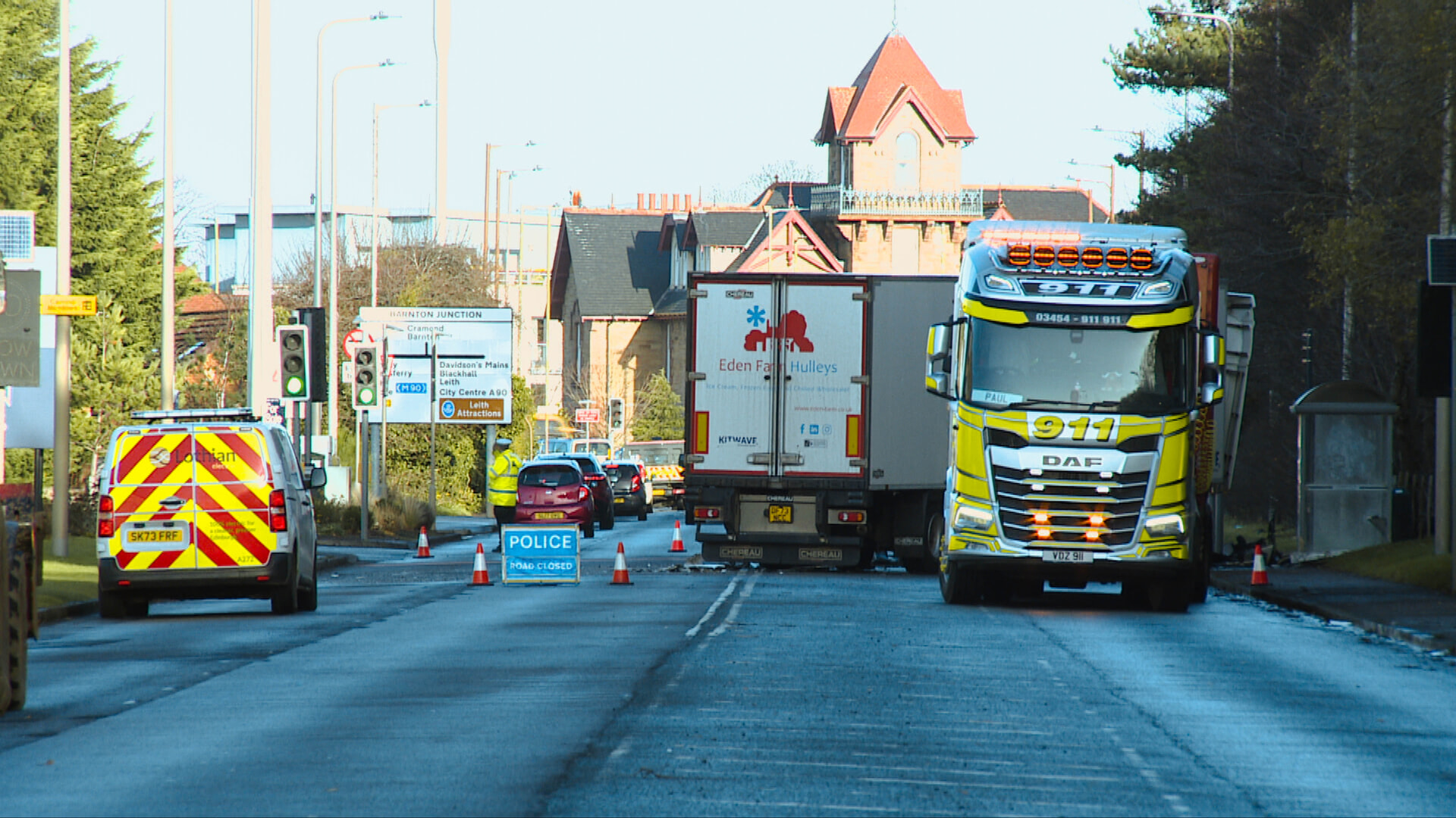 Two lorries and a bus have been involved in a crash during rush hour in Edinburgh on Tuesday morning.Emergency services were called to Maybury Road after the collision at around 8.15am.