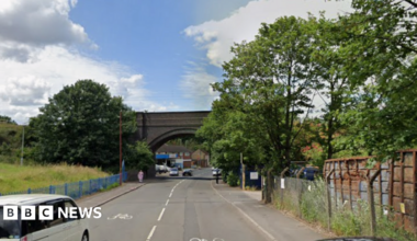 A long road with an arched railway bridge. There is a green space on the left and metal containers behind a metal fence on the right, as well as green trees and bushes
