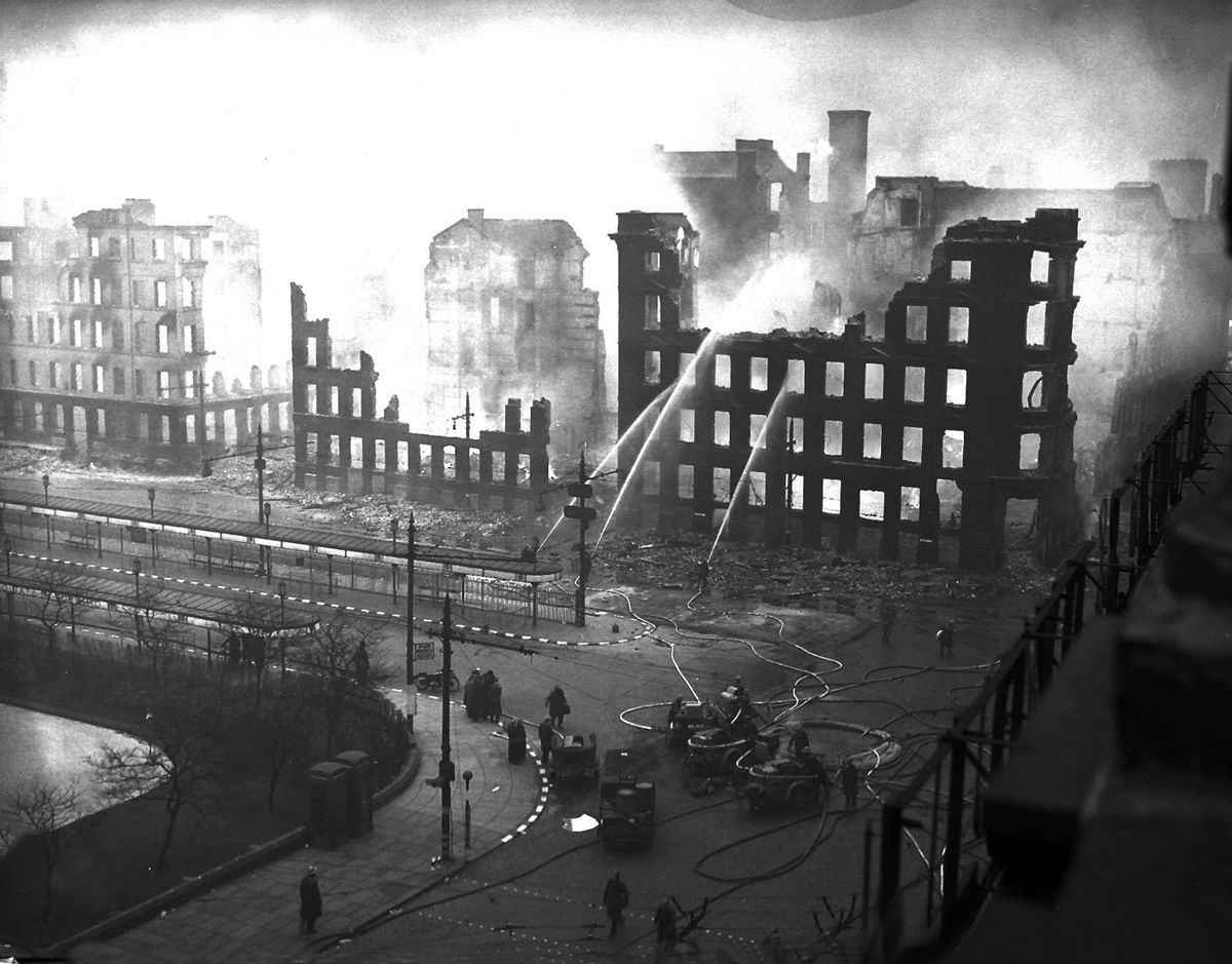 Buildings ablaze in the Manchester Blitz, December 1940