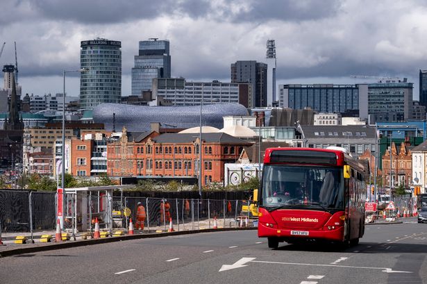 View in Digbeth looking towards Birmingham city centre with a West Midlands bus driving along the road
