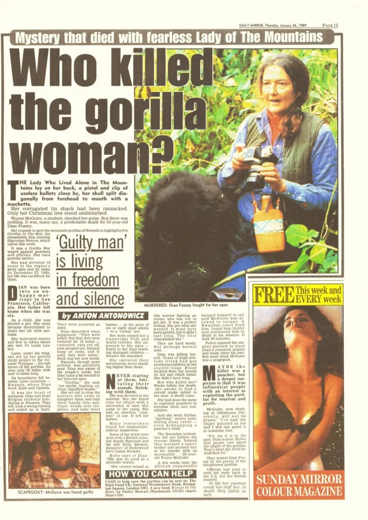 Daily Mirror coverage of hunt for Dian Fossey killer