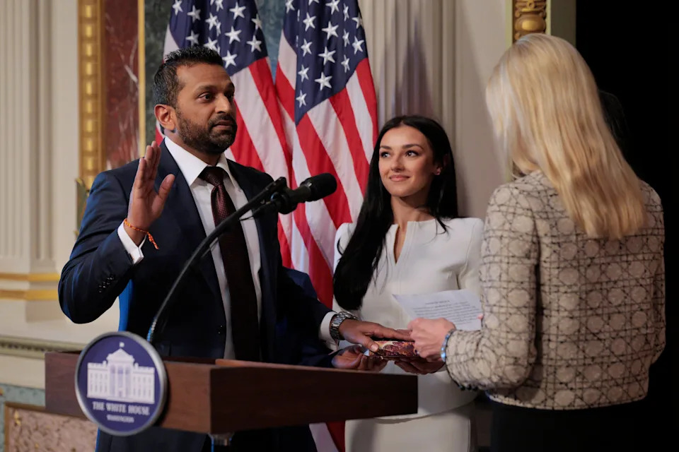 Patel has been under fire for using FBI funds to give himself and his girlfriend, Alexis Wilkins, luxurious perks.  / Chip Somodevilla/Getty Images