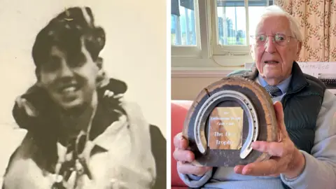 Supplied/BBC Archie, left, pictured during the years he served in World War Two, and, right, with his trophy 