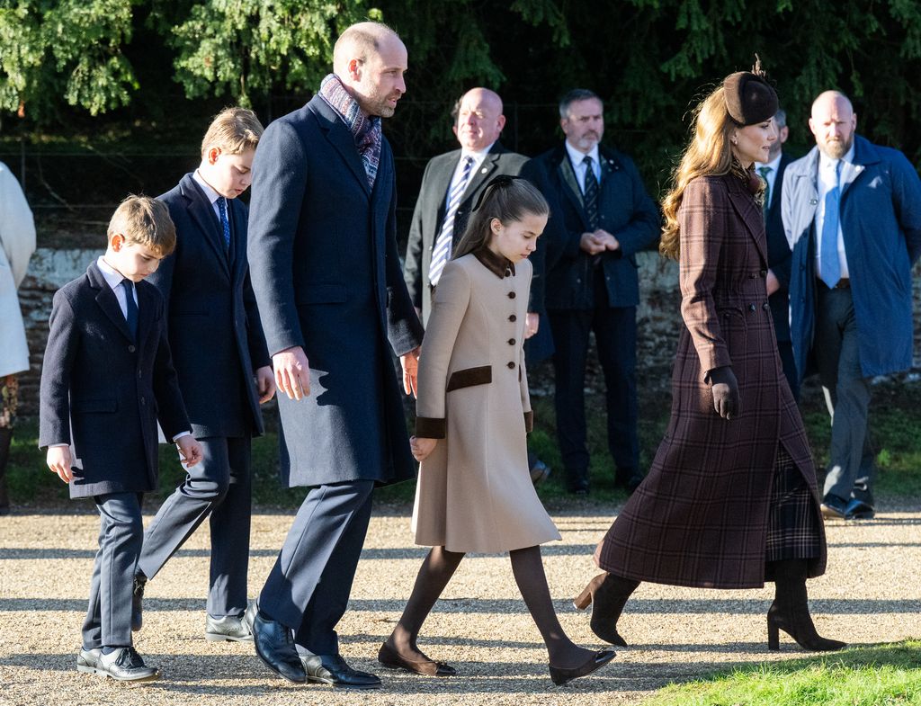 SANDRINGHAM, NORFOLK - DECEMBER 25: Prince George of Wales, Prince Louis of Wales Prince William, Prince of Wales, Catherine, Princess of Wales and Princess Charlotte of Wales  attend the Christmas Morning Service at Sandringham Church on December 25, 2025 in Sandringham, Norfolk.   attend the Christmas Morning Service at Sandringham Church on December 25, 2025 in Sandringham, Norfolk. (Photo by Samir Hussein/WireImage)