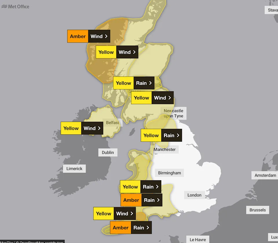 Much of the UK is under a weather warning on Tuesday. (Met Office)