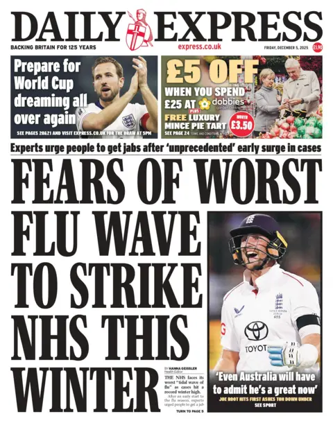 "Fears of worst flu wave to strike NHS this winter" reads the headline on the front page of the Daily Express.
