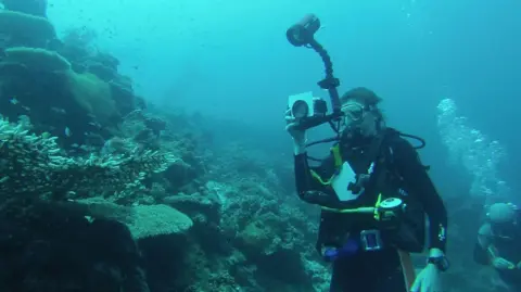 Supplied Michelle Taylor during a dive. She is wearing a black wetsuit and holding a camera under water. Coral and rocks are in front of her.