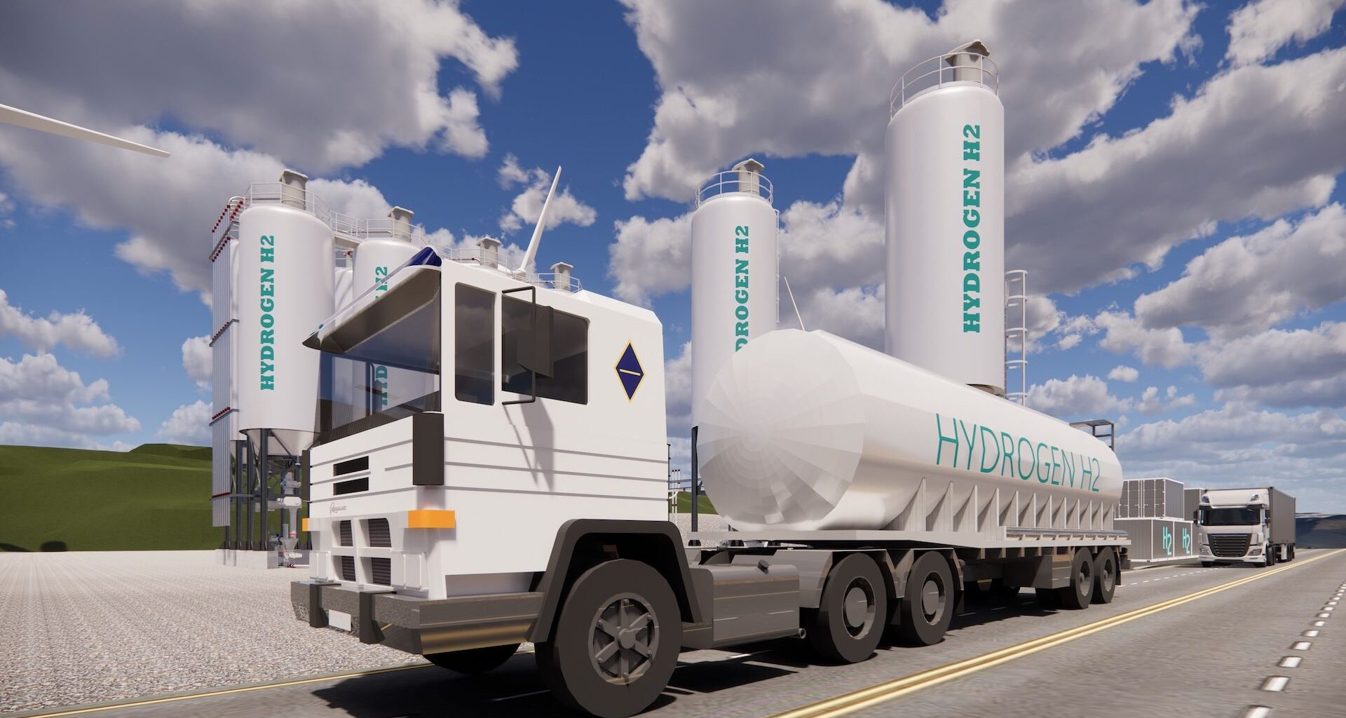 white hydrogen tank truck in front of two hydrogen storage tanks.