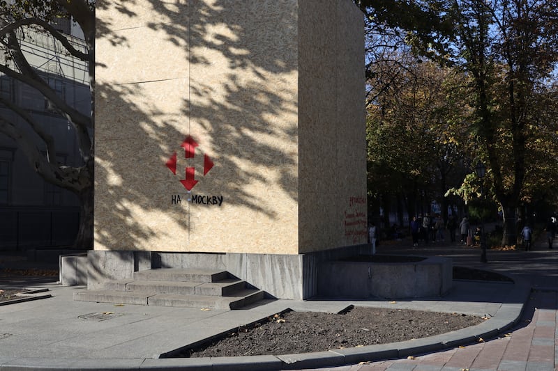 A public monument to 19th-century Russian poet Alexander Pushkin in Odesa, Ukraine, has been hidden from view behind wooden boards. Photograph: Viacheslav Onyshchenko/Global Images Ukraine via Getty Images