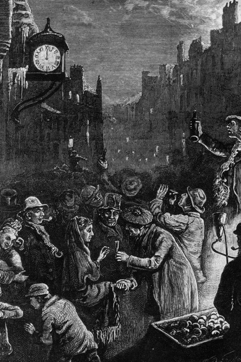 A black and white drawing of people celebrating. There are Edinburgh tenements on either side and a clock with midnight as the time.