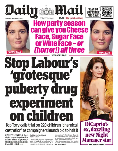 The headline on the front page of the Mail reads: “Stop Labour's 'grotesque' puberty drug experiment on children”.