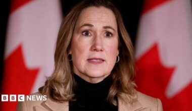 A close-up image of Kirsten Hillman. She has shoulder-length, straight light brown hair, and is wearing hoop earrings and a black turtle-neck top with a beige blazer overtop. Behind her is a blurred out set of Canadian flags.