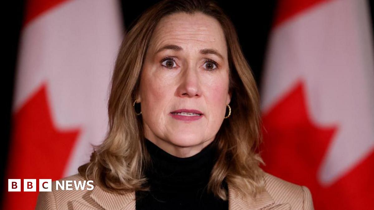 A close-up image of Kirsten Hillman. She has shoulder-length, straight light brown hair, and is wearing hoop earrings and a black turtle-neck top with a beige blazer overtop. Behind her is a blurred out set of Canadian flags.