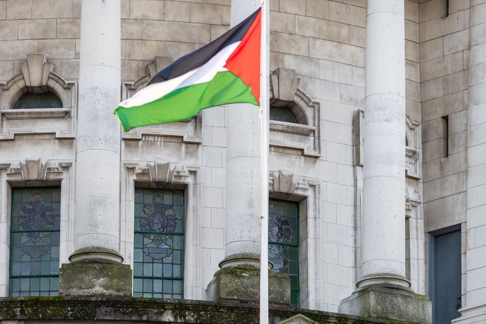 The Palestinian flag flying from Belfast City Hall (Caoimhin McNulty/PA)