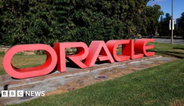 Oracle's red logo is visible outside its offices in Redwood City, California