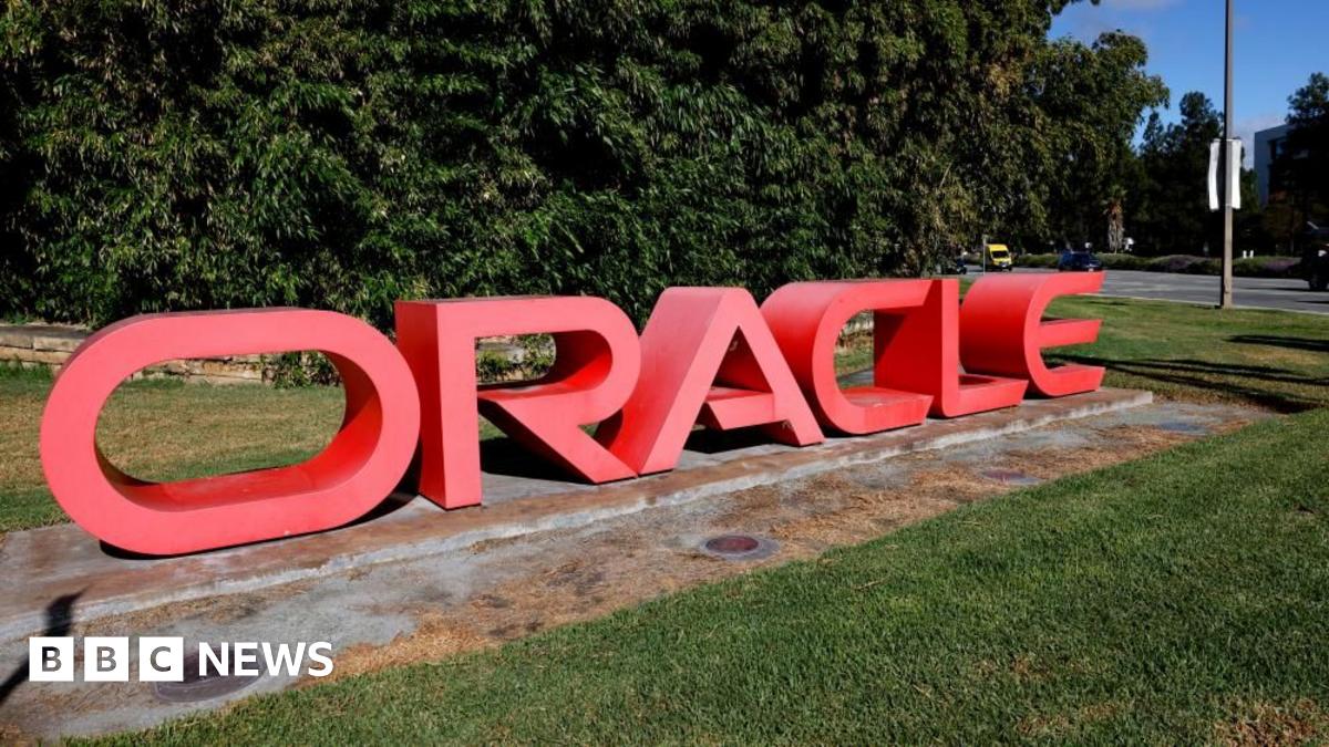 Oracle's red logo is visible outside its offices in Redwood City, California