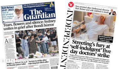 The headline on the front page of the Guardian reads: "Tears, flowers and silence".