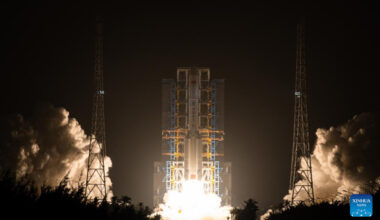 A Long March-5 rocket carrying a new communication technology test satellite blasts off from the Wenchang Space Launch Site in south China