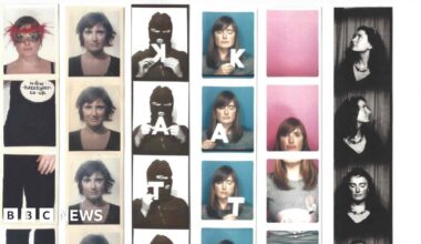 Six strips of images from a photo booth. Strip one shows a woman wearing black trousers and a black tank top. She has a feathered mask on her face. There is a sign that says www.katetyler.co.uk. The second strip has four images of a woman, with short brown hair. Each picture of her has a different facial expression. The third image has a person with a mask over their face. The images are in black and white and the person is holding letters K, A, T and E. The fourth strip has a woman with shoulder length hair and she is on a blue background. She is also holding the letters K, A, T, and E.  The fifth strip, the top image is a pink background, the second image is a woman's face cut off at the chin, the third image is a body wearing a grey top, and the last image is the continuation of the grey top. The last strip is black and white, with a woman wearing sunglasses on her head, facing different directions.